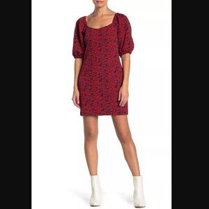 Free People Sunset Mini Dress L NWT Red Multi Print Puff Sleeve Bodycon Stretch